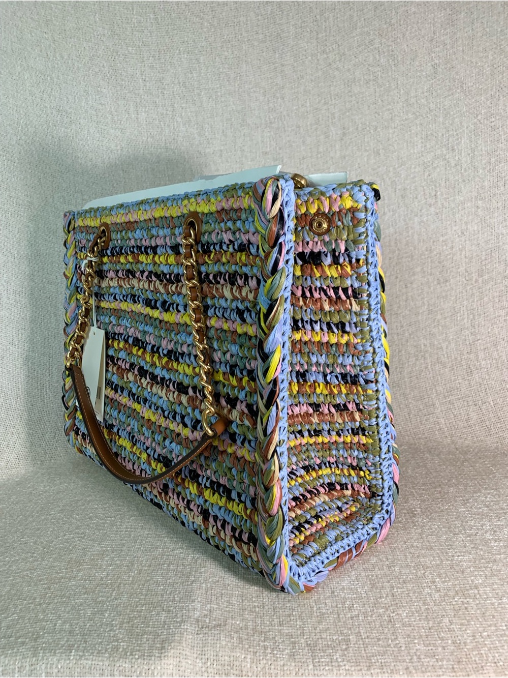 Tory Burch Ella Raffia Melange Multicolor Small Chain Tote - Picture 6 of 16